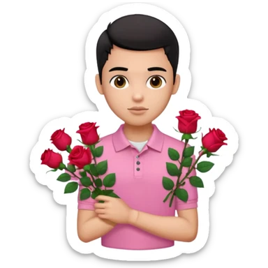 generate a pretty bratz boy wearing a pink polo shirt. Black middle part hair. handsome carrying flowers sticker