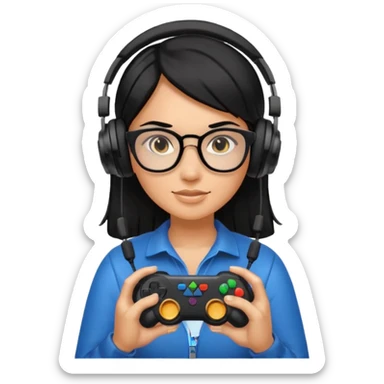
gamer, woman shiny black hair no eyebrows with glasses, headphone, gamepad sticker