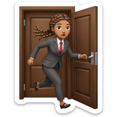 brown skinned female with braids in business attire running out of door sticker
