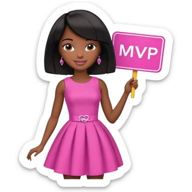Dark skin Black barbie, short  black bob  hair, pink dress with a sign that says mvp sticker