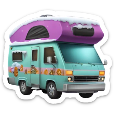 very expensive but haunted horror dream rv camper for Scooby Doo and the kids in the gang and Barbie while it’s cold and snowing hard outside. A Spare Tire with it’s cover is attached to front of the vehicle.  sticker