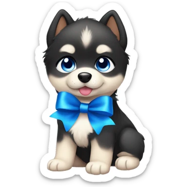 One black and beige pomsky puppy with blue eyes and a blue ribbon in his head really cute and adorable  sticker
