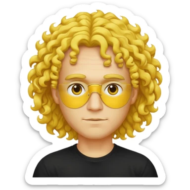 a yellow-faced standard man with mid-long curly hair wearing a black t-shirt, face and shoulders. The yellow of the face is very bright. sticker