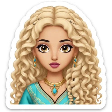 arabian nose, pretty lips, arabian clothes, light skin,  long curly hair, pretty bratz baddie, black eyeliner sticker