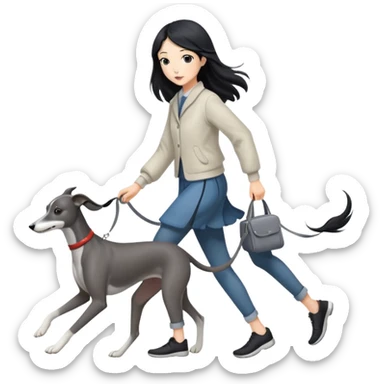 Japanese girl with flowing hair walking a grey greyhound sticker