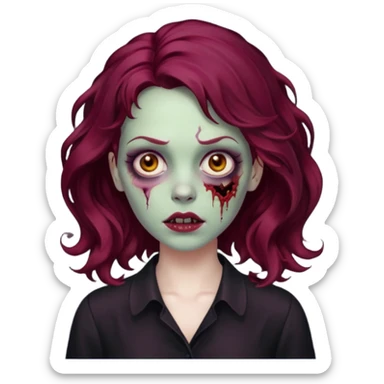 Faça me um emoji de um zumbi mulher de cabelos vermelho borgonha ondulado usando uma blusa preta sticker