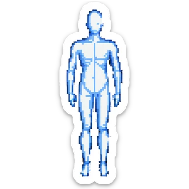 Pixelated human silhouette with digital scanning effect, blue grid lines mapping the body sticker
