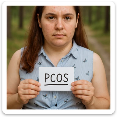 Realistic woman with PCOS inspired by the reference photo, mild acne on face, facial hair on chin, slightly thinning hair, similar clothing, natural environment, hyperrealistic 4K details. sticker