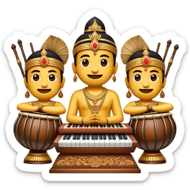 Cinematic Realistic Gamelan Pop Culture Emoji, depicted with an ensemble of traditional Indonesian instruments rendered with rich textures and rhythmic, cultural lighting. sticker
