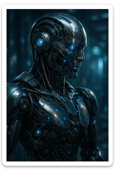 detailed and metallic ai robot, sci-fi style sticker