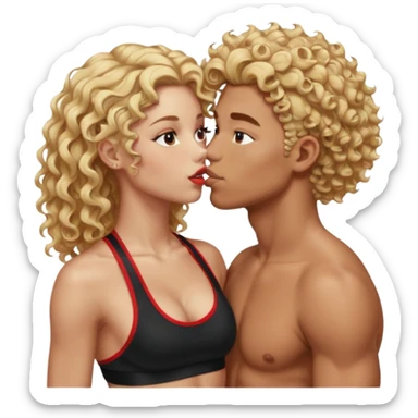 athletic man, high top fade, blonde curly hair only top only, no shirt and Athletic girl with long wavy red hair and black sports bra, Put them together kissing, or holding hands sticker