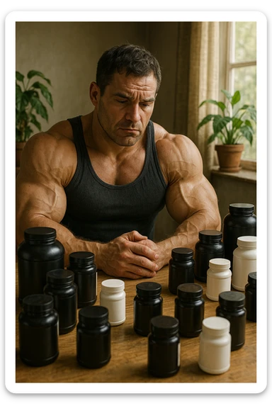realistic scene of a bodybuilder with many supplement jars on the table, with a disillusioned and aware attitude that supplements alone are not enough for miraculous results, detailed natural elements, aspect ratio 2:3 sticker