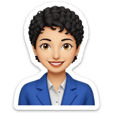 30 year old iranian woman very short curly black hair, big brown eyes, tanned skin, big smile, white teeth, pretty, stylish, shorter hair, boy cut hair, nice clothes sticker