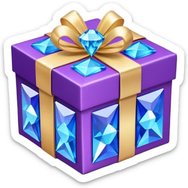  gift box . The square box displays vibrant purple panels with shimmering blue accents and intricate metallic detailing along its borders. Embed decorative gemstones and crystals at each corner for added visual interest. sticker