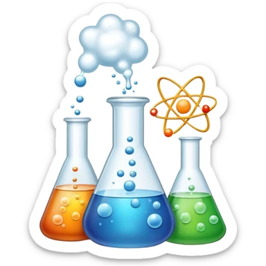 An icon featuring a chemical flask, bubbling with liquid, and an atomic structure, symbolizing chemistry. The design includes molecules, a periodic table, and laboratory equipment, representing the study of chemical reactions and elements. Transparent background highlights scientific research. sticker