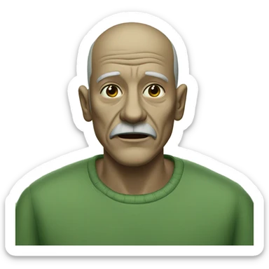 A frail man with a large triangular nose and two buckteeth with a buzzcut and a dirty green shirt sticker