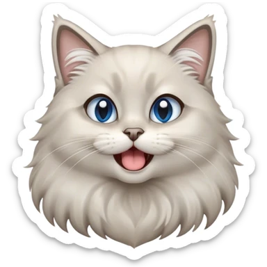 Cinematic Adorable Fluffy Light Grey Mantle Ragdoll Cat Portrait Emoji, Head tilted cutely with big, sparkling blue eyes, soft light grey fur with darker points on the ears, face, and paws, Simplified yet irresistibly adorable features, highly detailed, glowing with a soft, warm glow, high shine, yawning in a peaceful and playful manner, stylized with a touch of whimsy, bright and endearing, soft glowing outline, capturing the essence of a relaxed and loving kitten, so cute it feels like it could leap out of the screen and stretch into a cozy nap! sticker