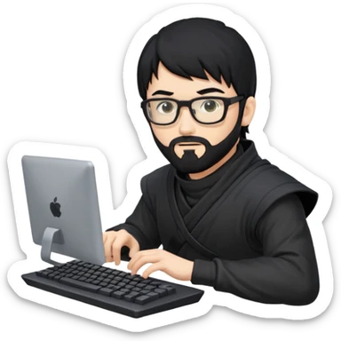 Man with black hair and beard wearing glasses in a ninja costume typing on a computer keyboard sticker