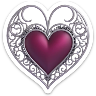 gothic heart, black satin, silver filigree, dark ruby center, ornate and dramatic sticker