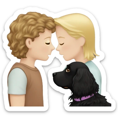 blond-haired boy and brown-haired girl kissing with a black cocker spaniel sticker