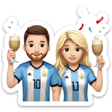 Messi in Argentina jersey and Shakira in a stage outfit, toasting with yerba mate, both smiling, cute and fun emoji style, with confetti background sticker