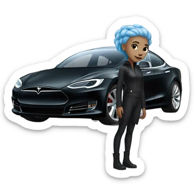 white skin girl with blue hair in black clothes standing next to tesla car sticker