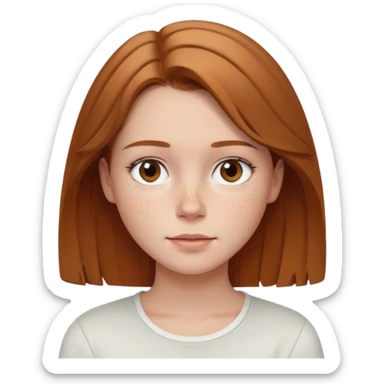 emoji of a woman named Freya McOmish, friendly expression, light brown hair, subtle freckles, modern casual style, wearing a white top sticker
