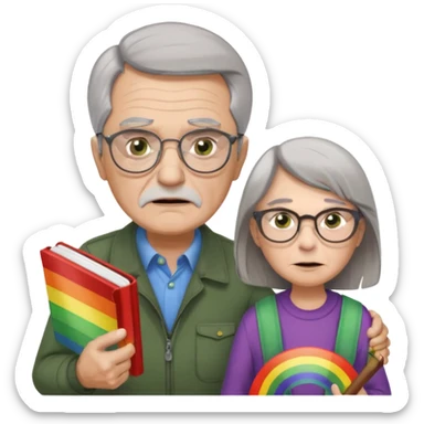 make old old man like 80 with gray hair and fur has HUGE EYE brows and glasses and is always mad and gay holding the rainbow flag and walking a young girl about 1 with brown hair and green eyes with a moth book with the other hand sticker