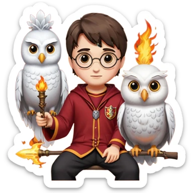 harry potter in gryfinndor uniforn sitting on firebollt hedwig sitting on hand sticker