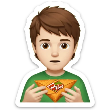 A white boy with messy brown hair eating Doritos while gaming on a green ipad sticker