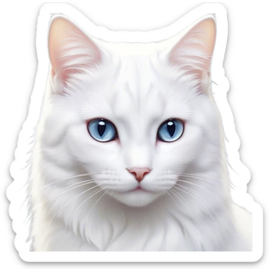 Cinematic Noble White Cat Portrait Emoji, Poised and stately, with a pristine, snow-white fur accented by delicate hints of silver, refined whiskers and a serene, focused gaze, simplified yet impeccably detailed, glowing with an ethereal radiance and timeless elegance, high shine, exuding calm intelligence and regal simplicity, soft glowing outline, capturing the essence of a noble white cat that radiates quiet majesty! sticker