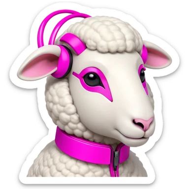 Sheep character with minimalist features and a distinctive high-tech earpiece that wraps around one ear. The earpiece should be sleek, futuristic and glowing in vibrant pink that contrasts with the sheep's clean white body. The sheep has a trendy asymmetrical wool haircut with one side featuring an undercut style. The sheep wears fashion-forward, colored clothing - perhaps a color-blocked jacket in bold hues or a stylish oversized sweater in a trendy shade. Simple, bold shapes with minimal details but with a confident, slightly smirking expression that gives off a true trendsetter vibe - like this sheep is always ahead of the curve and knows it. sticker