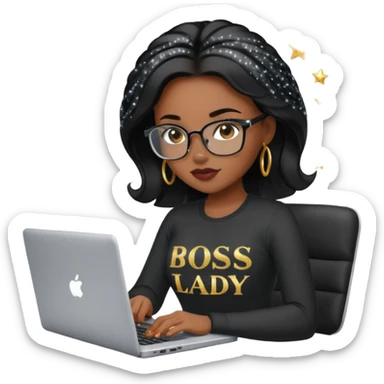 black pretty girl working hard with sparkles on laptop "boss lady" spelled out on shirt sticker