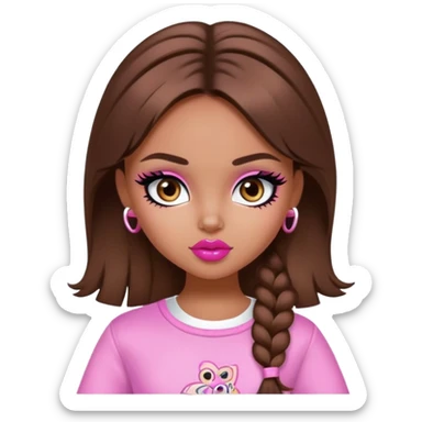 pretty bratz girl, brown hair, dark brown eyes, pink lips, black eyeliner, tan skin, cute y2k clothes sticker