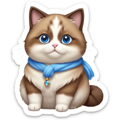 Cinematic Cute Chubby Brown Mantle Snowshoe Cat Portrait Emoji, Round and plump body, soft brown fur draped over its back like a luxurious coat, contrasted by fluffy white paws, chest, and an adorably chubby face, big, sparkling icy-blue eyes, Simplified yet irresistibly adorable features, highly detailed, glowing with a warm, cozy glow, high shine, curious yet calm, stylized with a touch of whimsy, bright and endearing, soft glowing outline, capturing the essence of a mischievous yet lazy and lovable kitty, so cuddly it feels like it could waddle right out of the screen for a snuggle! sticker