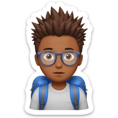 a boy with spikey short brown hair and blue eyes, glasses, backpack sticker