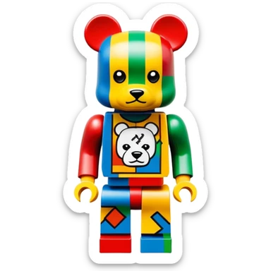 Lego style hustler bearbrick toy figure with X symbols for eyes, blocky Lego aesthetic, graffiti prints sticker