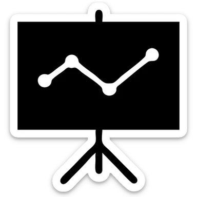 Minimalist icon of a presentation with a graph, solid black fill, transparent background. The graph has two lines going in different directions. sticker