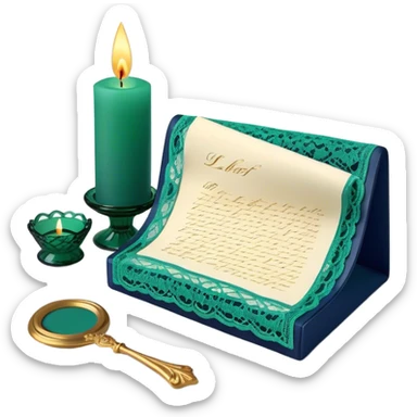 A nostalgic still life of a lace-adorned love letter in deep green, placed beside a vintage glass candle in navy blue. sticker