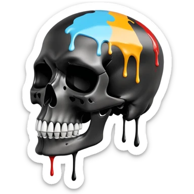 smooth black skull with street art colors and brand logos painted within the skull's surface, minimal paint drips that don't extend past skull outline, angled view sticker