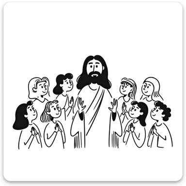 Jesus surrounded by his disciples and followers, peaceful gathering sticker