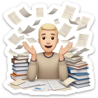 A person with a happy excited face but also looking stressed and overwhelmed, papers flying everywhere, surrounded by work items, half celebrating success and half panicking about deadlines sticker