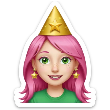 A girl with long pink hair and green eyes with long eyelashes and a smiley face. She has freckles and a lit of bit of pink lipstick on her mouth, she’s also got a full gold birthday party hat on her head with gold pom poms on top of it, and her T-shirt is all red, she wore gold star earrings  sticker