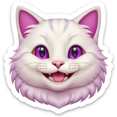 White cat wide mouth happy smiling with teeth showing, very light pink inner ears, magenta purple eyes, looks like discord's :smiley_cat: emoji, male looking sticker