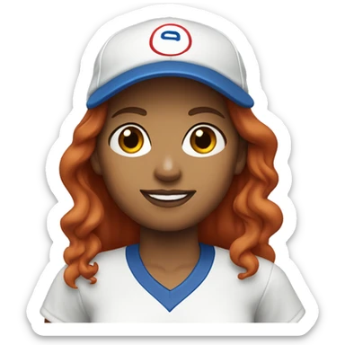 front facing standing up female coach with long red hair, wearing a white t-shirt and a simple baseball blue hat sticker