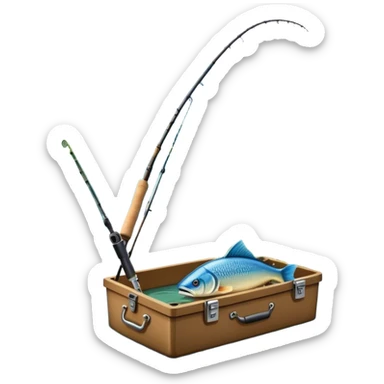 Icon for Fishing Travel: a boat on a calm lake surrounded by mountains and lush greenery, with fish jumping out of the water, a fishing rod, tackle box. The icon should capture the peaceful and adventurous nature of fishing trips. Transparent background. sticker