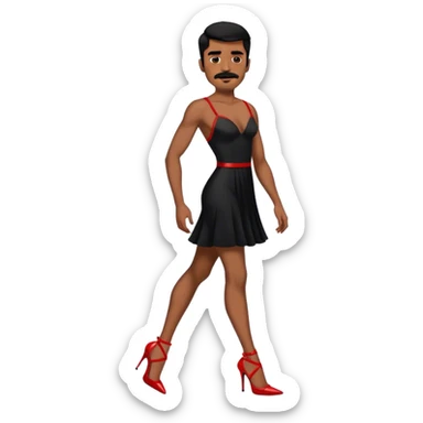 Man in a black dress and red strappy high heels with black hair and black mustache and brown skin sticker