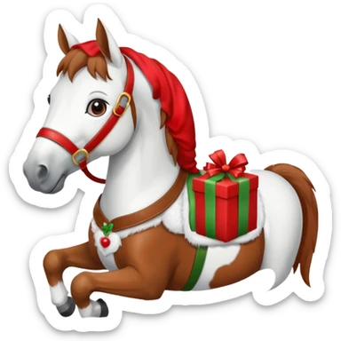 a christmas horse with a red saddle, which has a red gift box with a white bow on the saddle sticker