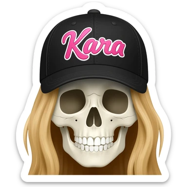 Create a skeleton head wearing a black baseball cap that says " Kara " in pink, and white lettering, with long blonde hair sticker