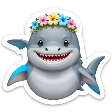 A cute chubby shark with hawaii pastel flower necklace and hawaiian flower crown, posing proudly. sticker